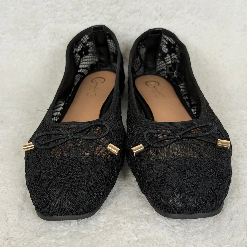 Comfort Ballet Flats Womens Size 8 Black Lace Mesh Square Toe Bow Slip On E-335